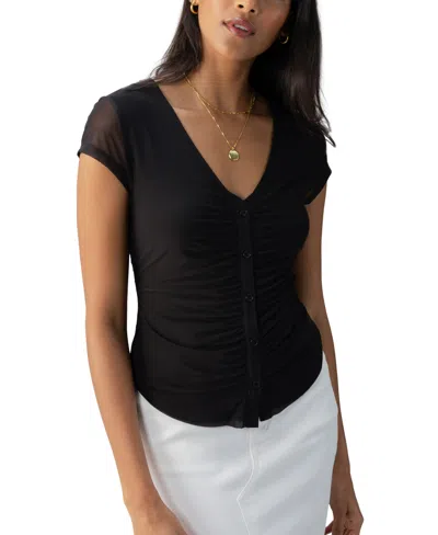 Sanctuary Long Time Lover Ruched Button-up Top In Black