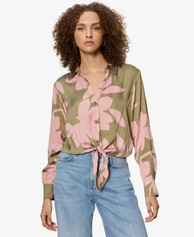 Sanctuary Lover Print Tie Hem Crop Sateen Shirt In Green