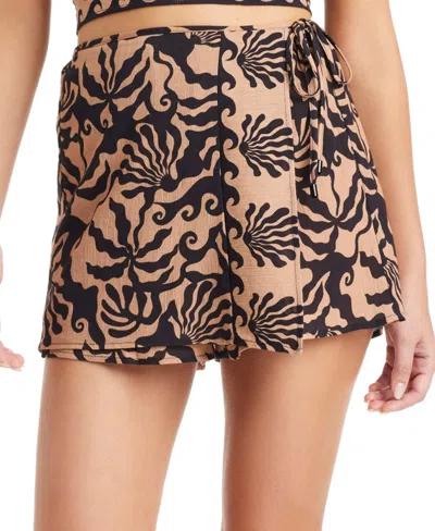 Sanctuary Crinkle Cotton Cover-up Faux Wrap Skort In Black