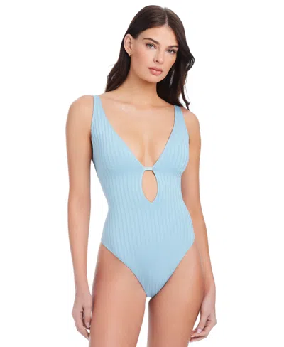Sanctuary Women's Refresh Rib Plunging Lace Back Mio One-piece Swimsuit In Blue Chateau