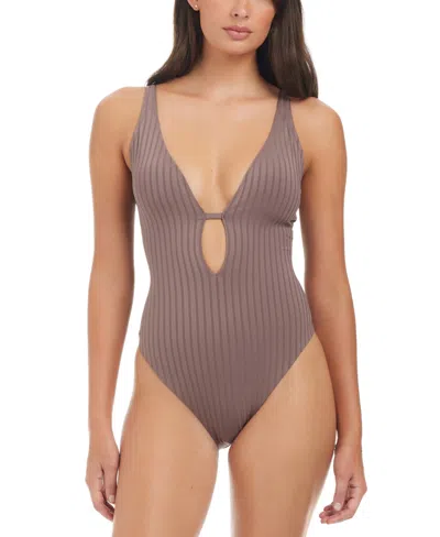 Sanctuary Women's Refresh Rib Plunging Lace Back Mio One-piece Swimsuit In Iron