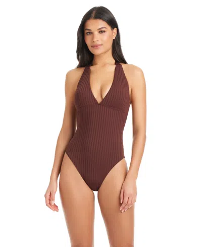 Sanctuary Women's Refresh Ribbed V-neck One-piece Swimsuit In Brown
