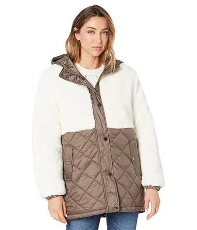 Sanctuary Women's  Mix Media Jacket Ivory Brown Sherpa Quilted Hooded Jdm772 In White