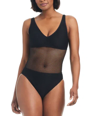 Sanctuary Women's Sea Crochet V-neck High-leg Tank One-piece Swimsuit In Black