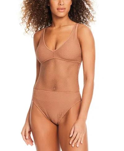 Sanctuary Women's Sea Crochet V-neck High-leg Tank One-piece Swimsuit In Bronze Babe