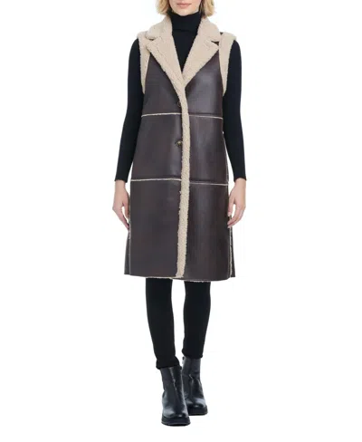Sanctuary Women's Single-breasted Long Faux Leather + Faux Sherpa Bonded Vest In Espresso