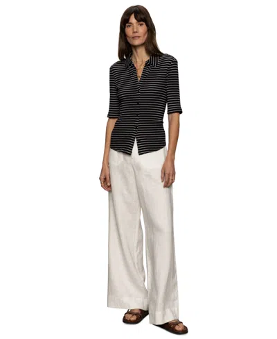 Sanctuary Women's Striped Rib Elbow-sleeve Button-up Shirt In Black