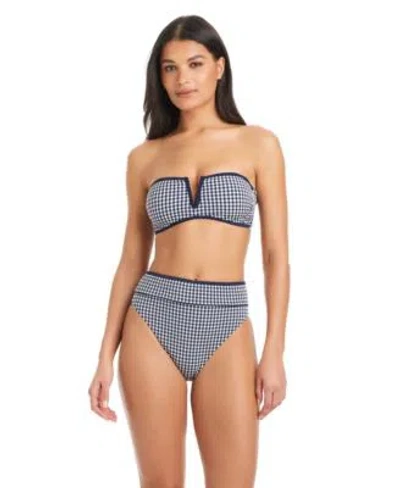Sanctuary Womens Bandeau Neck Bikini Top Check Me Out High Waist Swim Bottoms In Blue