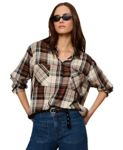 Sanctuary Womens Long Sleeve Plaid Button Up Shirt In Brown