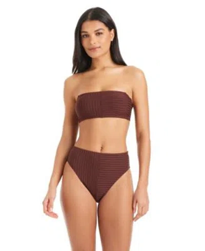 Sanctuary Womens Tie Back Bandeau Bikini Top Refresh Ribbed High Rise Swim Bottoms In Brown
