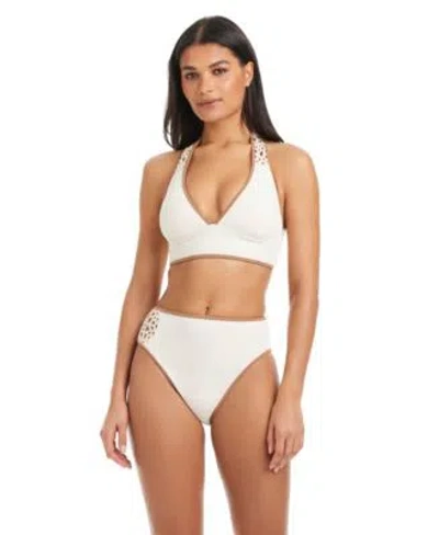 Sanctuary Womens V Neck Ribbed Crochet Bikini Halter Top Beachy Keen High Rise Swim Bottoms In White