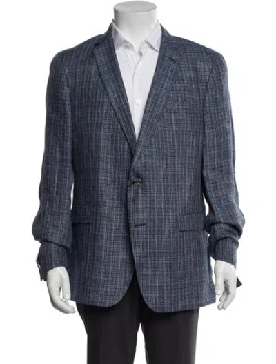 Pre-owned Sand Linen Plaid Print Blazer W/ Tags In Blue