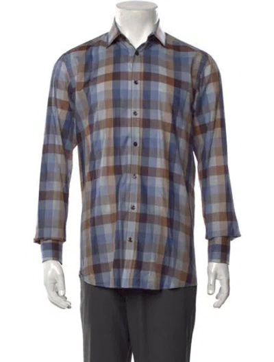 Pre-owned Sand Plaid Print Long Sleeve Dress Shirt In Blue