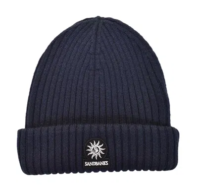 Sandbanks Badge Logo Merino Wool Beanie Navy In Blue