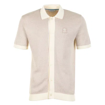 Sandbanks Short Sleeve Knitted Full Button Polo Shirt Oat In Brown