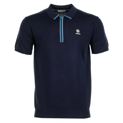 Sandbanks Ss Colour Stripe Knitted Zip Polo Shirt Navy In Blue