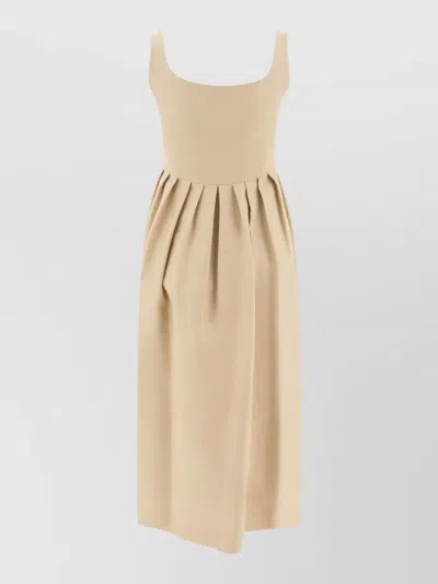 Sandbeige Dress Pleated Skirt Sleeveless Square Neckline In Neutral