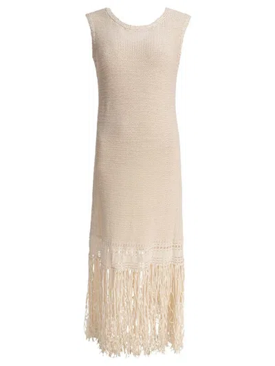 Sandbeige Knitted Fringed Dress In Neutral