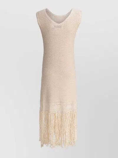 Sandbeige Knit Dress Sleeveless Design Fringe Hem In Neutral