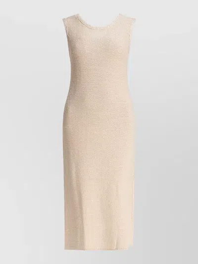 Sandbeige Knit Midi Dress Side Slit Sleeveless In Neutral