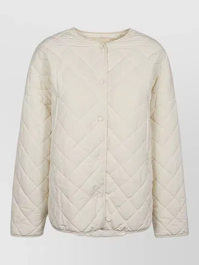 Sandbeige Nylon Quilted Jacket Mandarin Collar In White