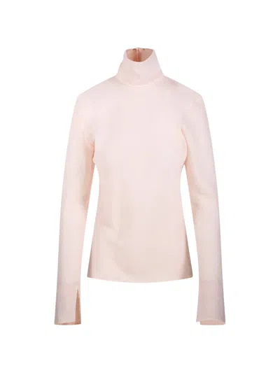 Sandbeige Turtleneck Split Cuff Blouse In Pink