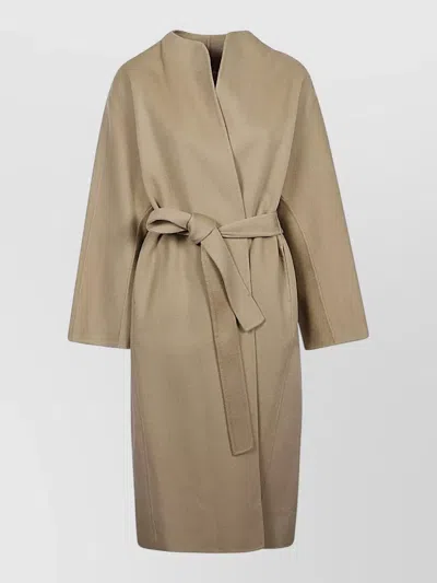 Sandbeige Wool Midi Coat Mandarin Collar Belt In Neutral