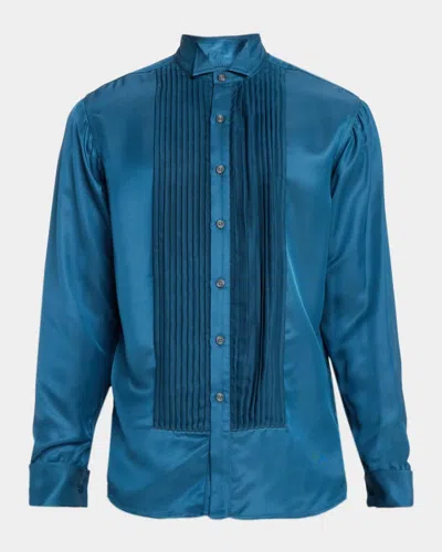 Sanderlak Men & Apos;s Pleated Bib-front Tuxedo Shirt In Dark Sea