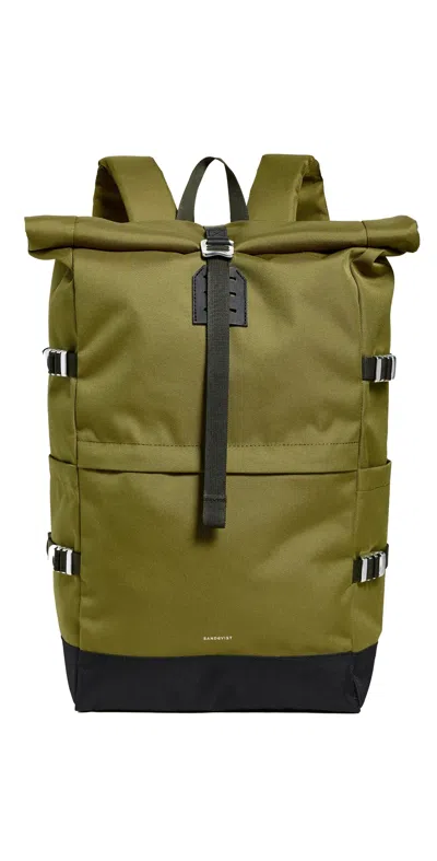 Sandqvist Icon Large Rolltop Backpack Olive Drab With Black Leather