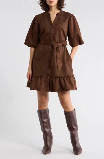 Sandra Darren Faux Suede Puff Sleeve Shirtdress In Brown