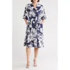 Sandra Darren Floral Gingham Balloon Sleeve Midi Dress In Navy/white