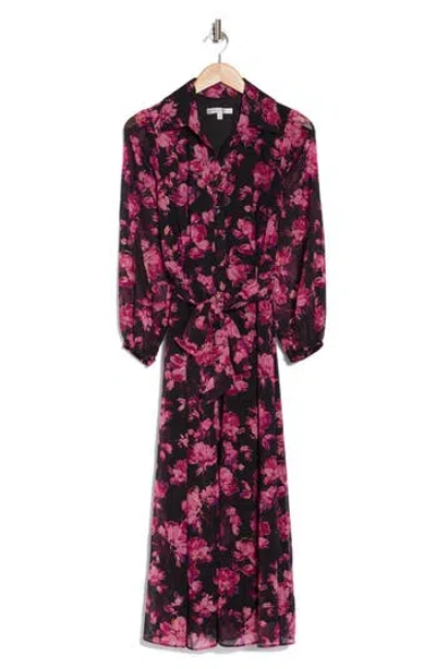 Sandra Darren Floral Long Sleeve Maxi Shirtdress In Black/pink/multi