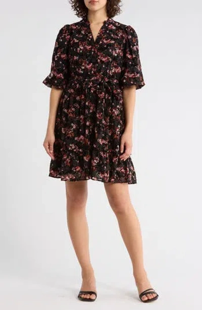 Sandra Darren Floral Ruffle Shirtdress In Black