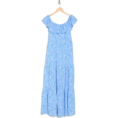 Sandra Darren Floral Ruffle Sleeve Maxi Dress In Blue/sky/ivory