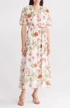 Sandra Darren Floral Short Sleeve Faux Wrap Maxi Dress In Ivory Multi