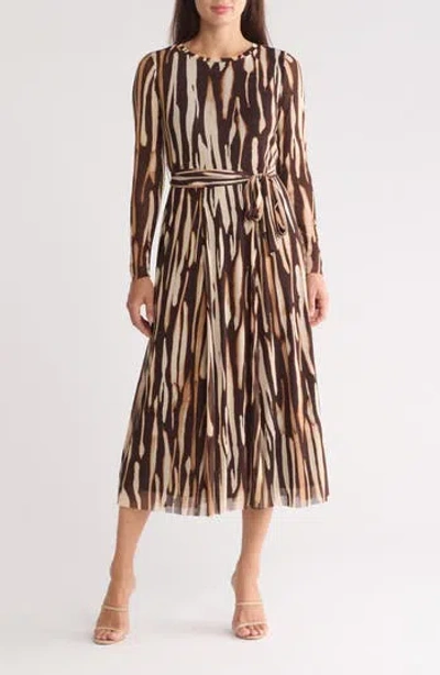 Sandra Darren Long Sleeve Mesh A-line Dress In Brown/cream/tan