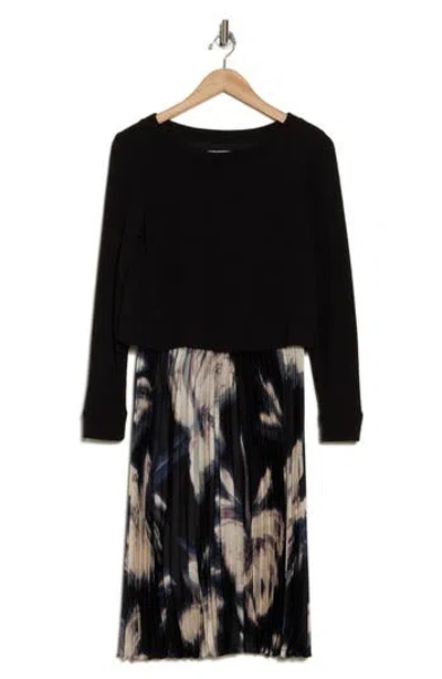 Sandra Darren Long Sleeve Mixed Media Dress In Black/ivory