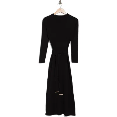 Sandra Darren Long Sleeve Tie Waist Midi Sweater Dress In Black
