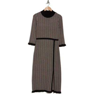 Sandra Darren Mock Neck Split Hem Sweater Dress In Black/taupe/white