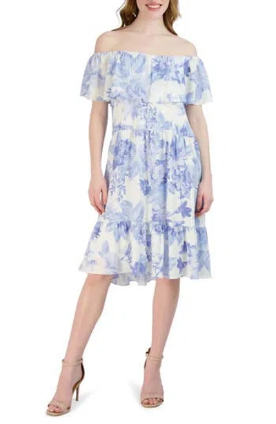 Sandra Darren Off The Shoulder Ruffle Floral Dress In Ivory/blue
