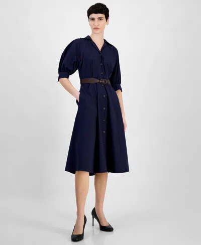 Sandra Darren Petite Belted Button-down 3/4-sleeve Shirtdress In Navy