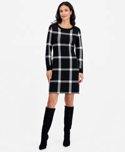 Sandra Darren Petite Plaid Long-sleeve Scoop Neck Sweater Dress In Black,white