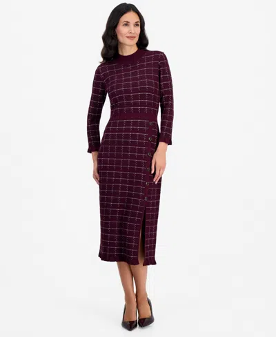 Sandra Darren Petite Plaid Mock Neck Long-sleeve Sweater Dress In Plum