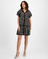 Sandra Darren Petite Printed Flutter-sleeve Tiered Dress In Black