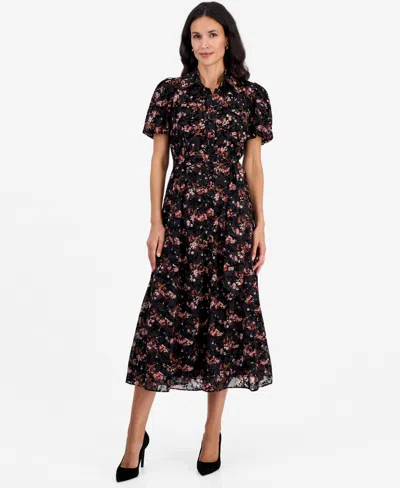 Sandra Darren Petite Puff-sleeve Floral Midi Shirt Dress In Black,plum