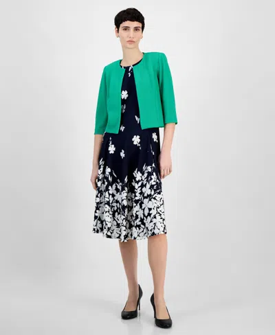 Sandra Darren Petite Textured Cascading Florals 2-pc. Jacket Dress In Navy Green