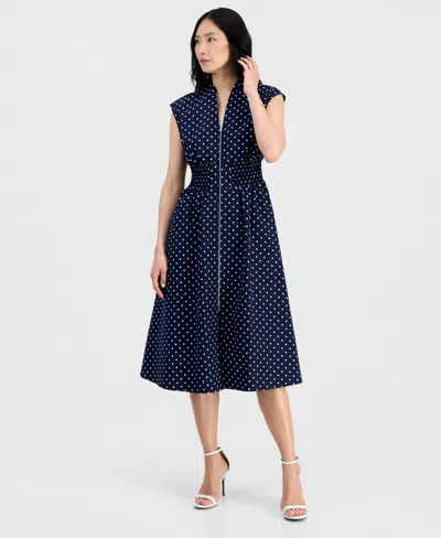 Sandra Darren Petite V-neck Zip-front Cotton Midi Dress In Animal Print