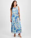 Sandra Darren Petites Pleated Tie-waist Sleeveless Dress In Blue