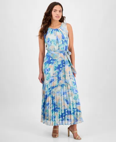 Sandra Darren Petites Pleated Tie-waist Sleeveless Dress In Ivory Blue Tan