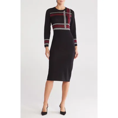 Sandra Darren Plaid Long Sleeve Body-con Sweater Dress In Black